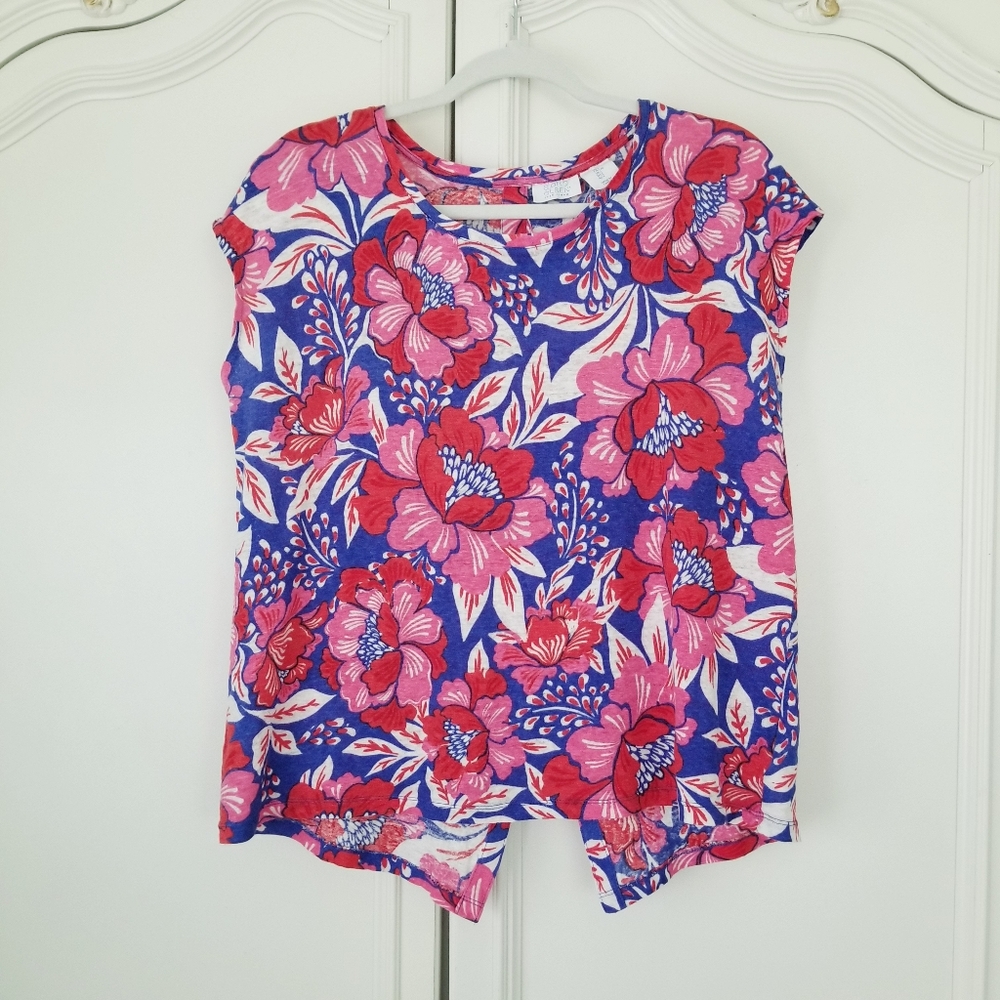 Sigrid Olsen Pink Blue Tropical Floral Linen Knit Button Back Sleeveless Top L